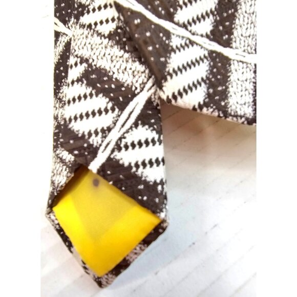 Brown & White Plaid Patterned Tie With Yellow Accent By Liebert - Picture 2 of 9